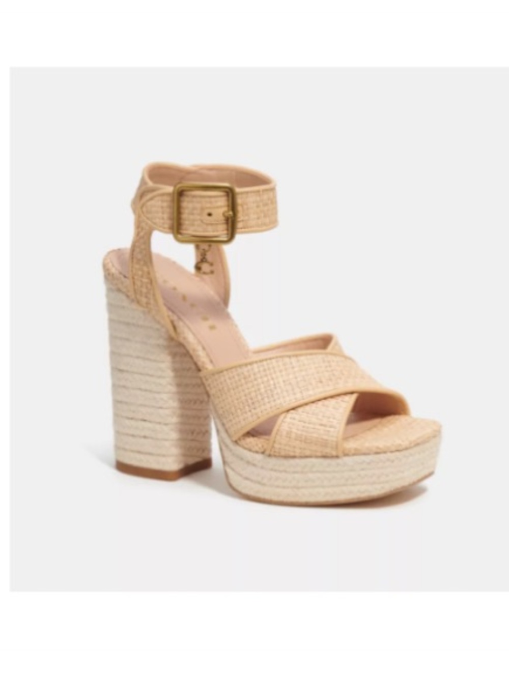 Coach Nelly sandal. Beige Woven Platform Sandals with Ankle Buckle